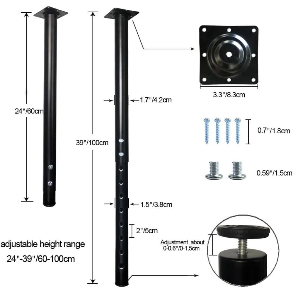 Pernas de mesa de metal ajustáveis de 24 a 40 polegadas para mesa de escritório doméstico, conjunto de 4 pernas de móveis DIY preto