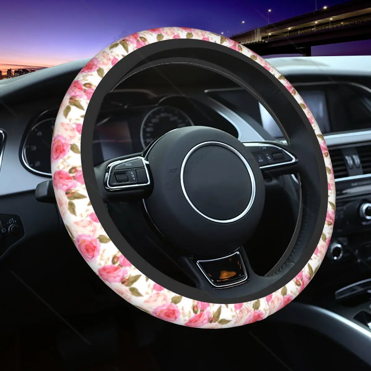 Pink Red Roses Steering Wheel Cover Flowers Romantic Beautiful Design Pink Green White Universal 15 Inch Steering Wheel Cover