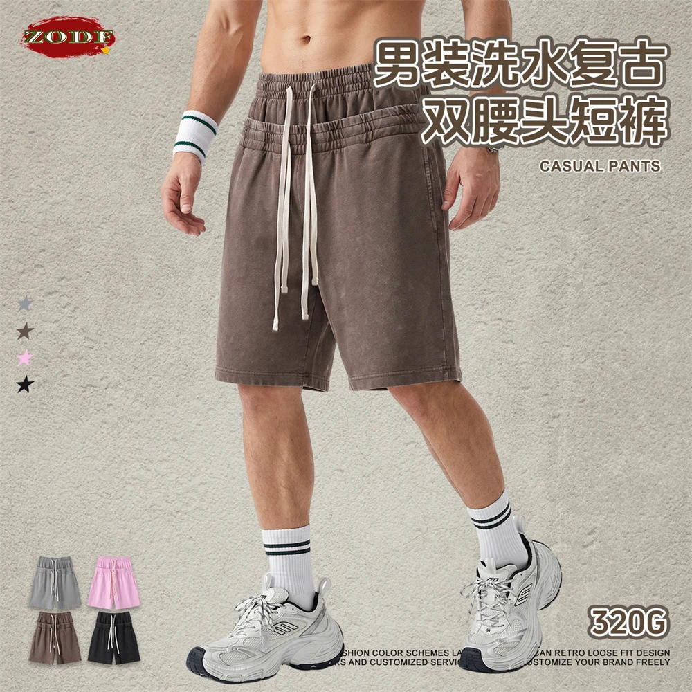 

ZODF New 2026 Summer Men West Coast Style Cotton Shorts Unisex Hip Hop Double Waist 320gsm Washed Shorts Streetwears HY1238