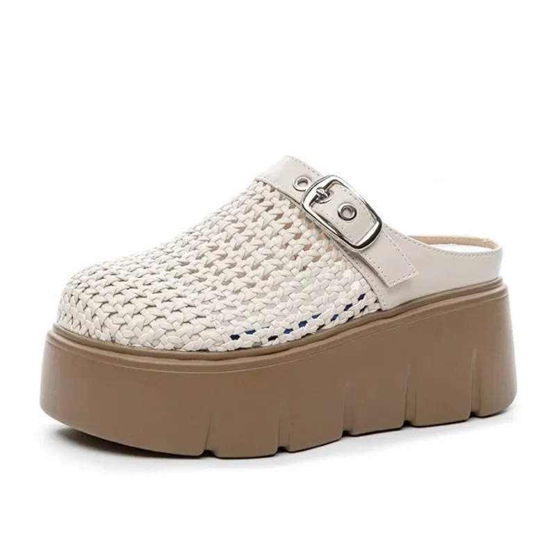 

Высококачественные брендовые тапочки на танкетке из синтетической микрофибры, 7 см, дышащие женские сандалии без шнуровки, туфли с круглым носком