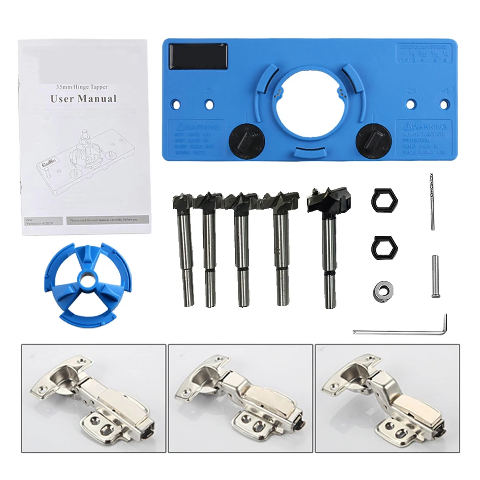 35MM Concealed Cup Style Hinge Jig Boring Hole Drill Guide 35mm Hinge Hole Ppener + 5Pcs 15-35mm Bit DIY Woodworking Tool