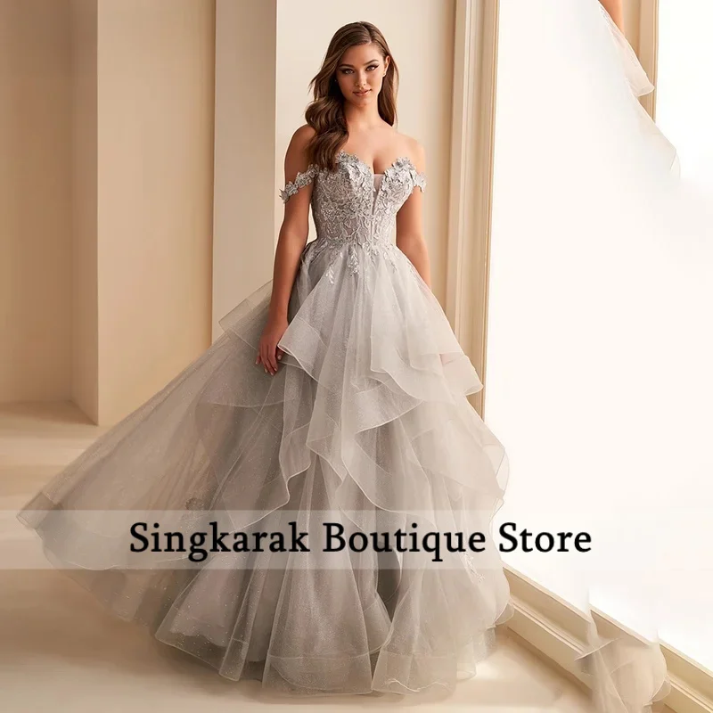 Fluffy Evening Dress, Lace Prom Dress, Multi-Layered Off-the-Shoulder Princess Gown, Elegant Gown. Suitable for special occasion