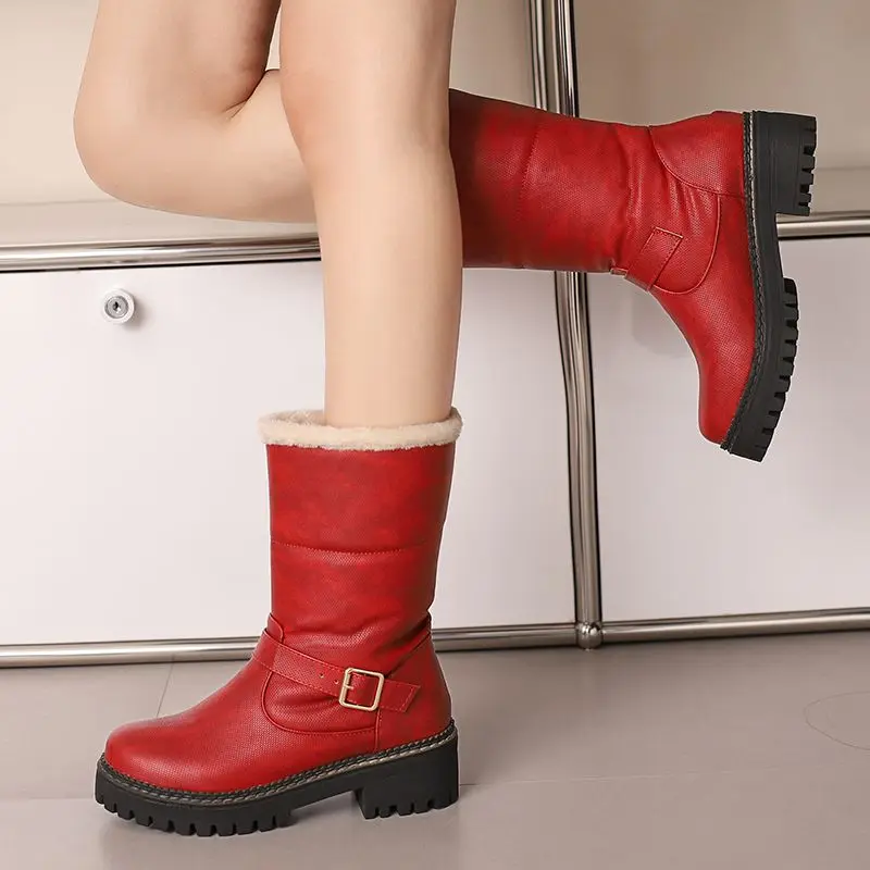 ASILETO Winter Warm Boots for Women Round Toe Block Heels 5cm Platform Belt Buckle Big Size 42 43 Casual Daily Booties image 3