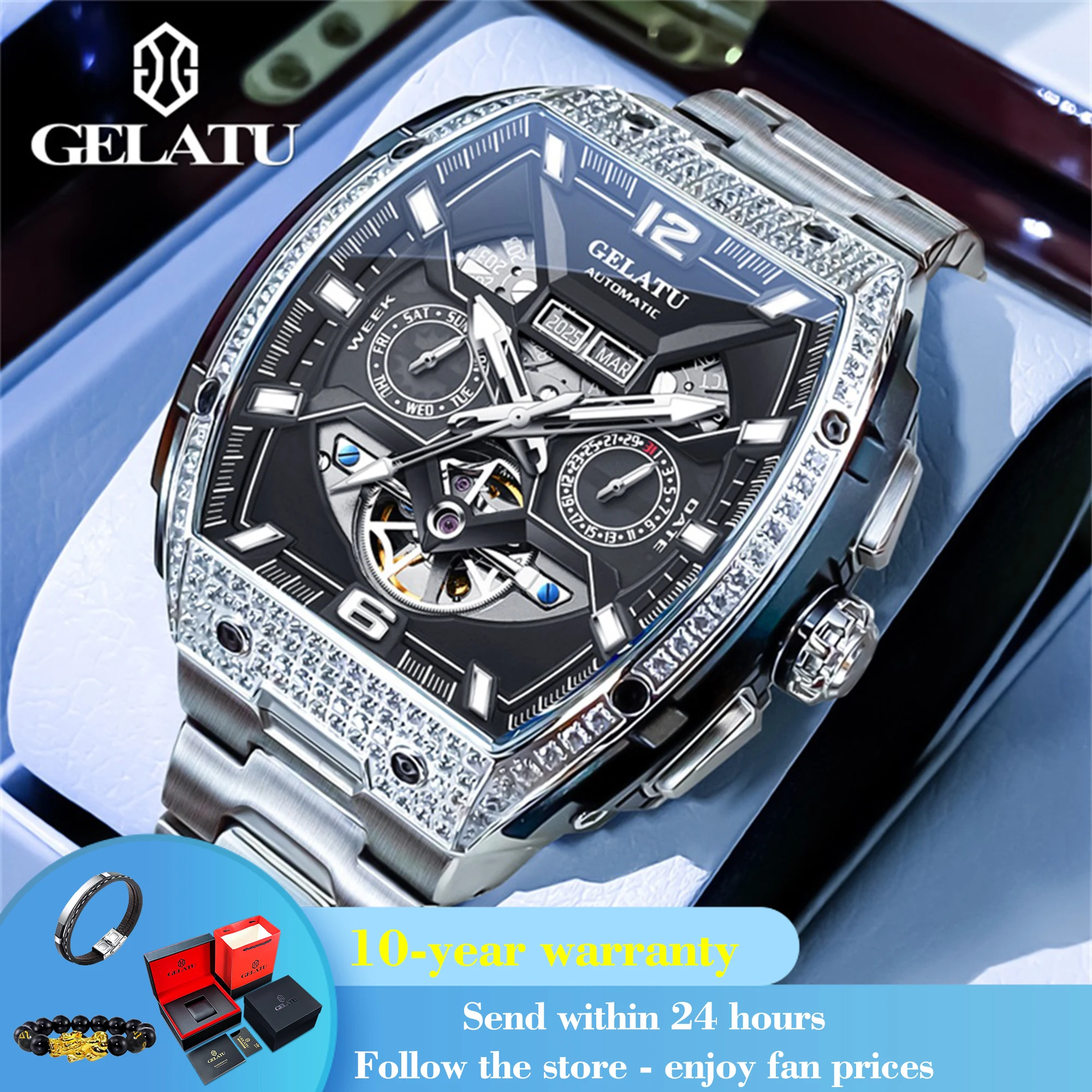

GELATU 6016 Men Watch Auto Date Hollow Mechanical Business Man Wristwatch Tonneau Big Dial Deep Waterproof Fashion Watch For Men