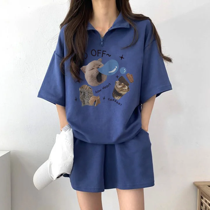 

Comfortable Summer Female Clothes Soft O-neck Two Piece Shorts Sets Women T-shirts Sleepy Cat Printed Casual Tee Shirts Suits