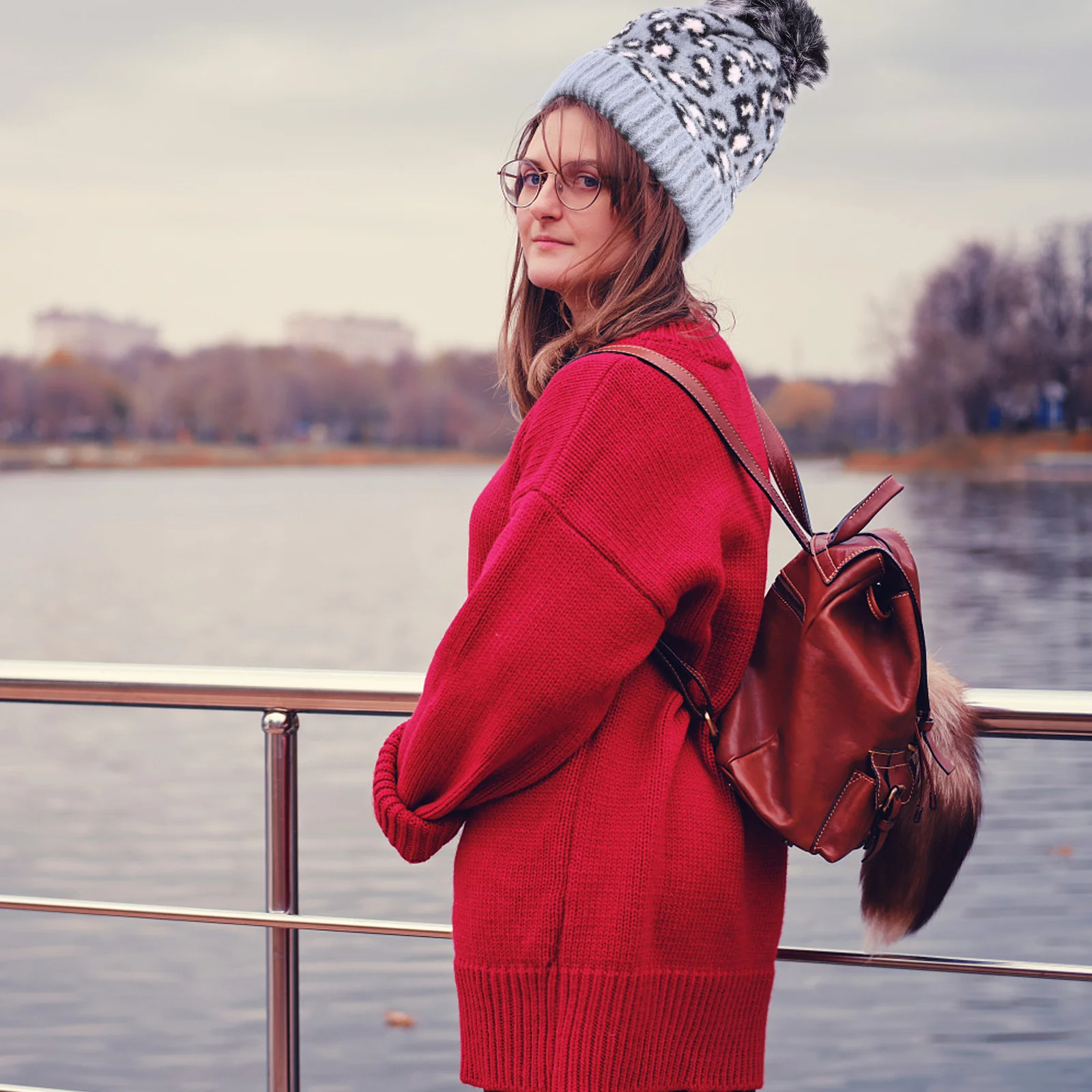 

Winter Knitted Hat Women'S Warm Leopard Print Beanie Faux Pom Thick Soft Stretchy Ear Covering Lightweight