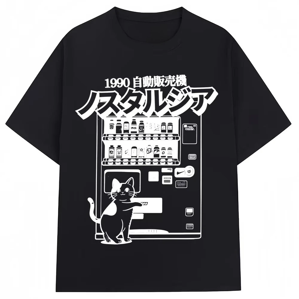 Vintage Japan Cat Vending Machine Graphic T Shirts 90s Anime Fashion Harajuku Men Women Short Sleeve Oversized Cotton T-shirts