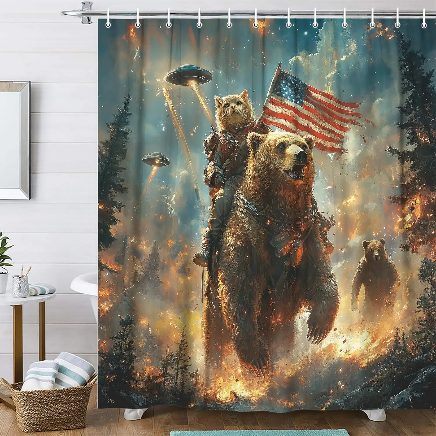 Funny Cat Riding Bear Forest Shower Curtain, Rustic Cabin Woodland UFO Anime Kids Boys Waterproof Bathroom Decor Curtain