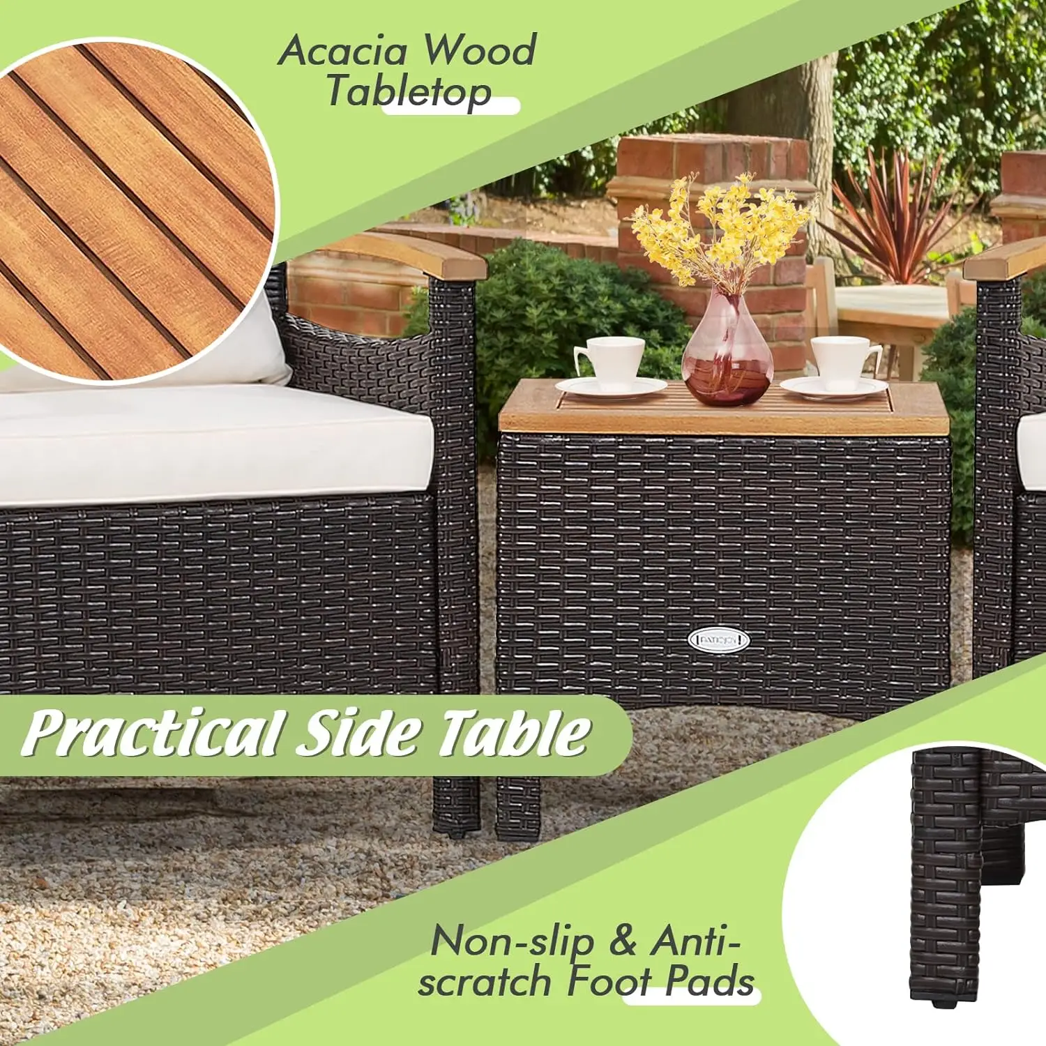 3-Piece Patio Furniture Set, Patiojoy Outdoor Rattan Sofa Set with Coffee Table, Patio Conversation Set with Removable Cushion