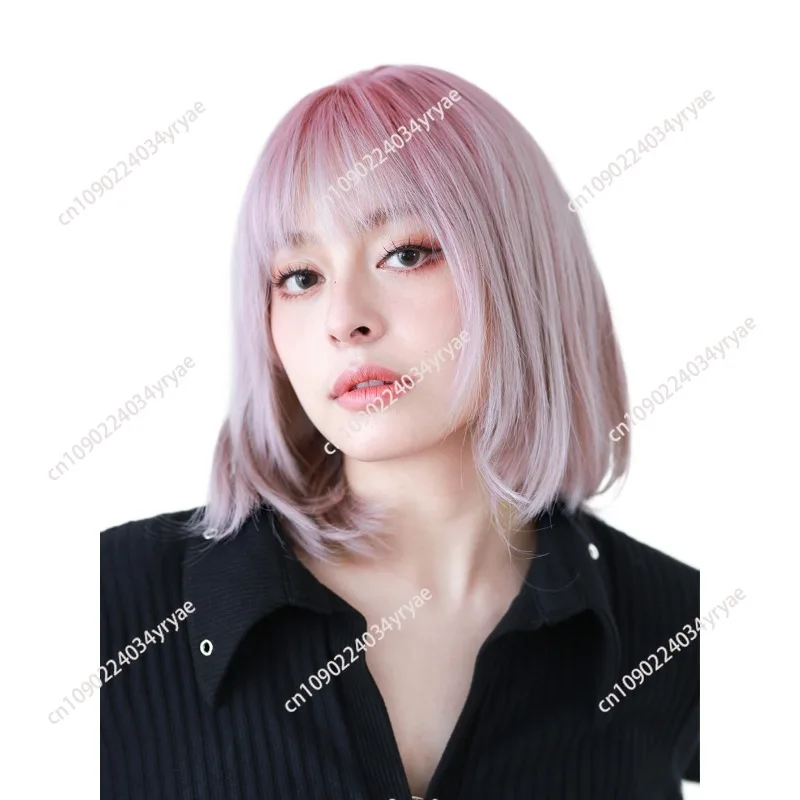 Japan and Korea INS smoke pink full headgear bangs wig women's short straight hair high temperature silk bobo color wig