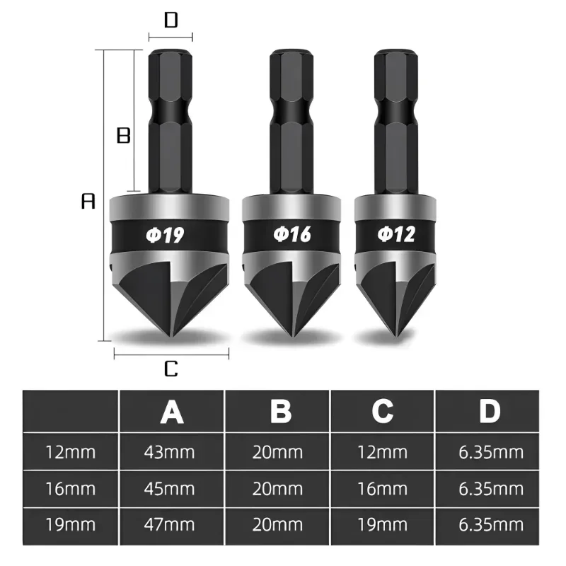 3PC 육각 섕크 90도 검정색 5 블레이드 챔퍼 12/16/19mm 카운터 싱크 드릴 목공 홀 오프너 도구 세트