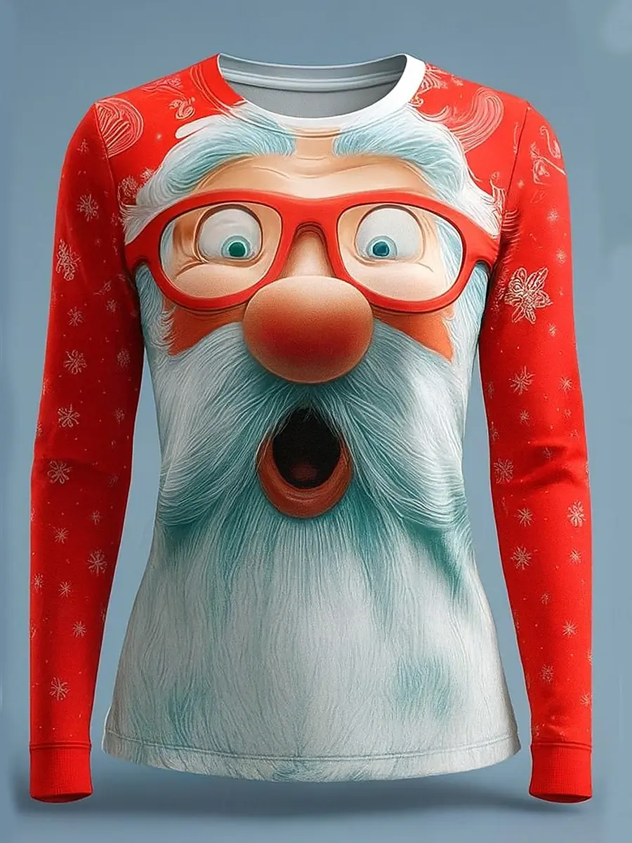 X'mas Women's 3D Print Santa Claus Polyester Long Sleeve T-Shirt Trendy Street Style Autumn Winter Casual Crew Neck Top Clothing