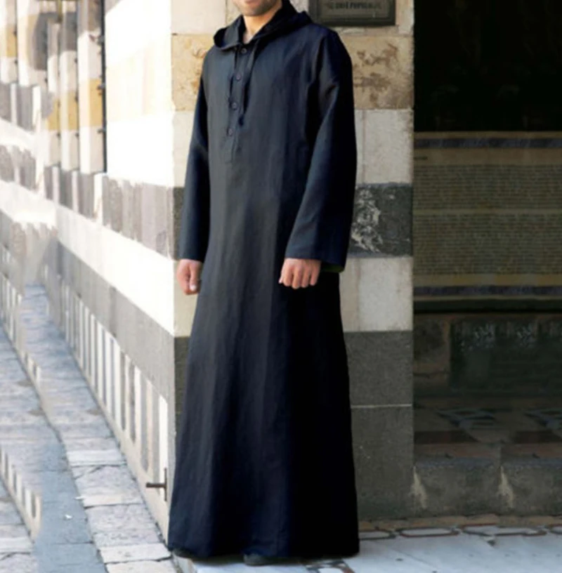 Men\'s Muslim Robes Saudi Arabia Juba Islamic Kafatan Casual Loose Robe Shirt Solid Color Long Sleeve Hooded Button Pocket Robe