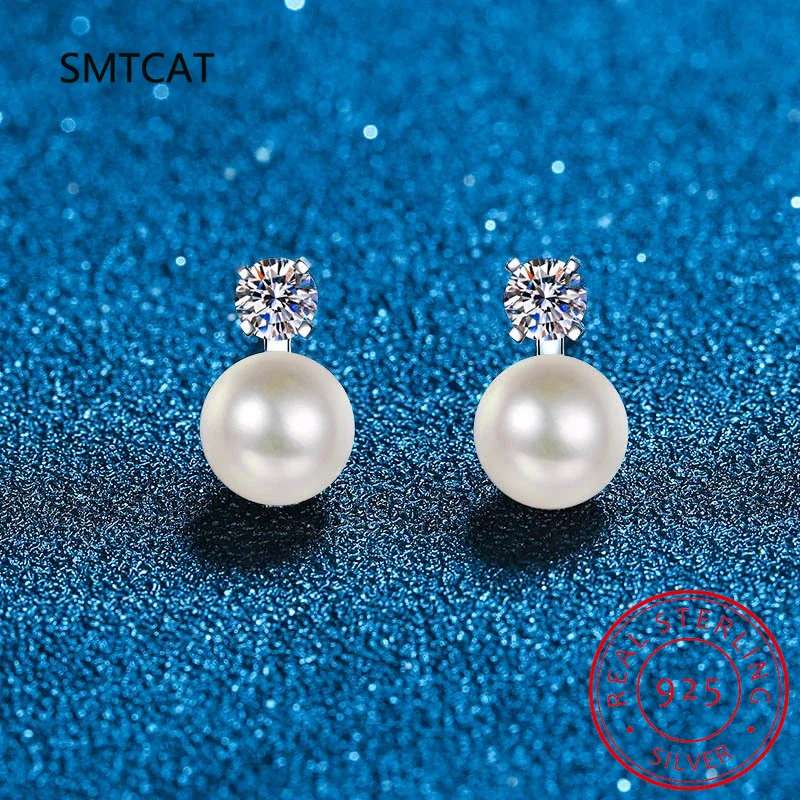 

Moissanite 925 Sterling Silver Freshwater Pearl Stud Earrings VVS1 Lab Created Diamond Sparkling Wedding Earring for Women Gift
