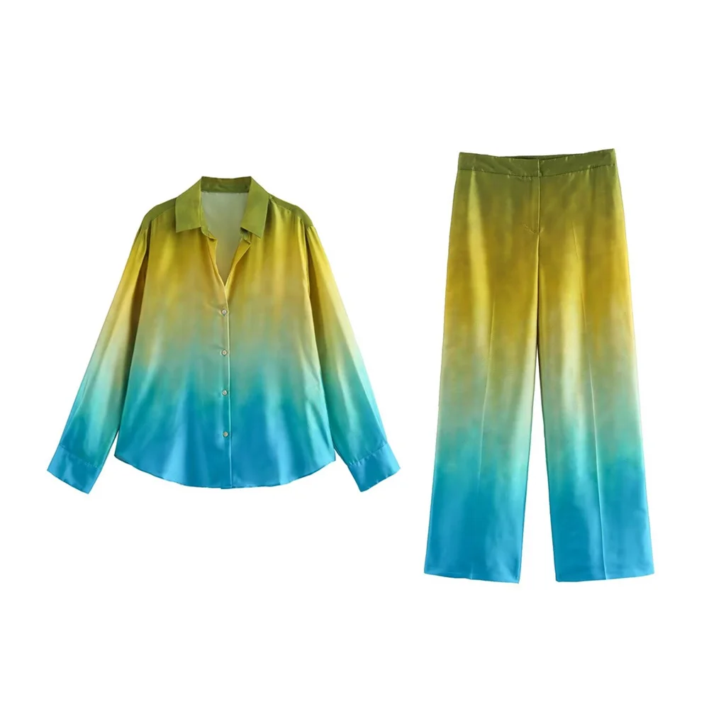 PB&ZA 2024 Women\'s New Fashion Tie Dyed Silk Satin Texture Flip Collar Shirt Straight Leg Casual Pants Set