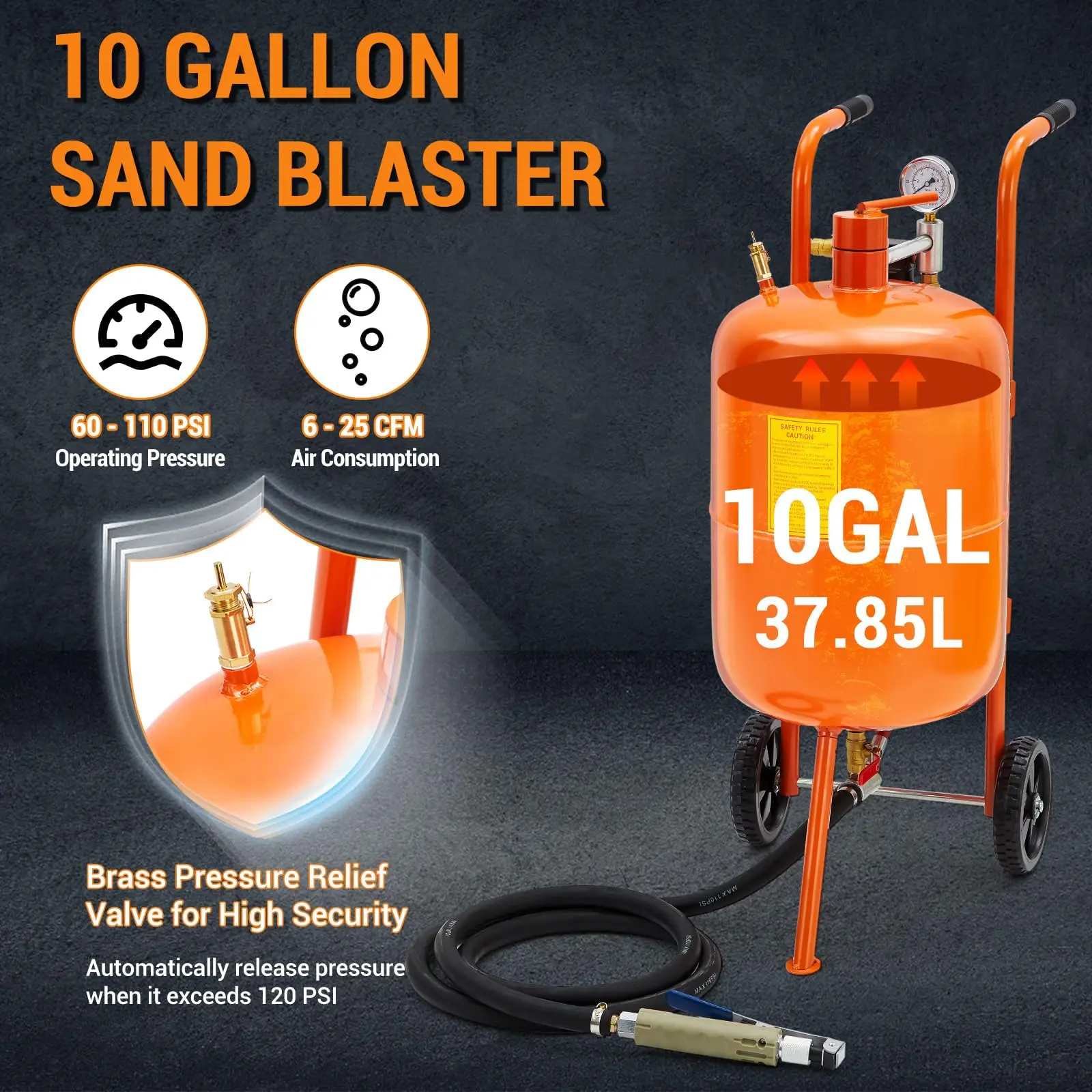Sand Blasting Machine, 10 Gallon Portable Abrasive Blaster with 125 PSI & Oil-Water Separator, Includes 4 Ceramic Nozzles for Rust, Paint, Stain Removal