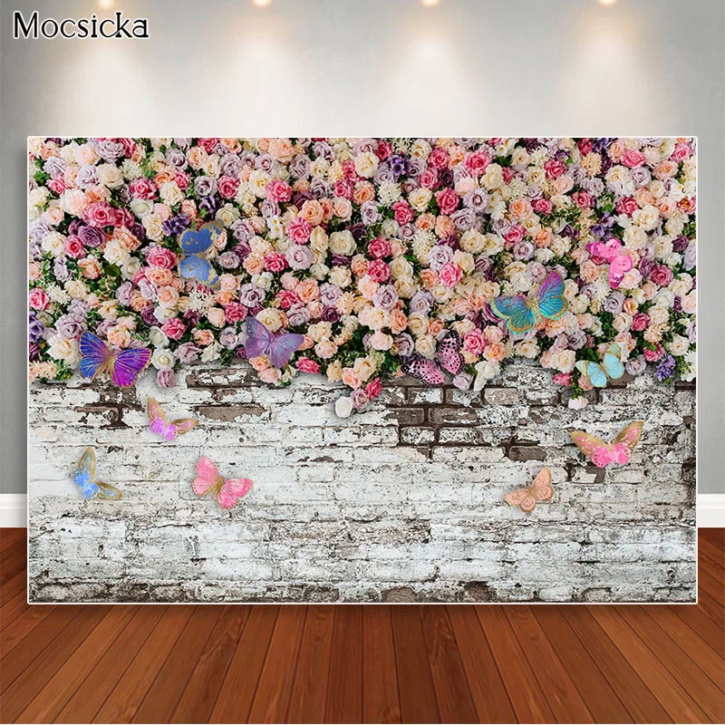 

Rose Flower Wall Backdrops For Butterfly Girls Birthday Photography Background Weeding Bridal Shower Anniversary Ceremony Decor