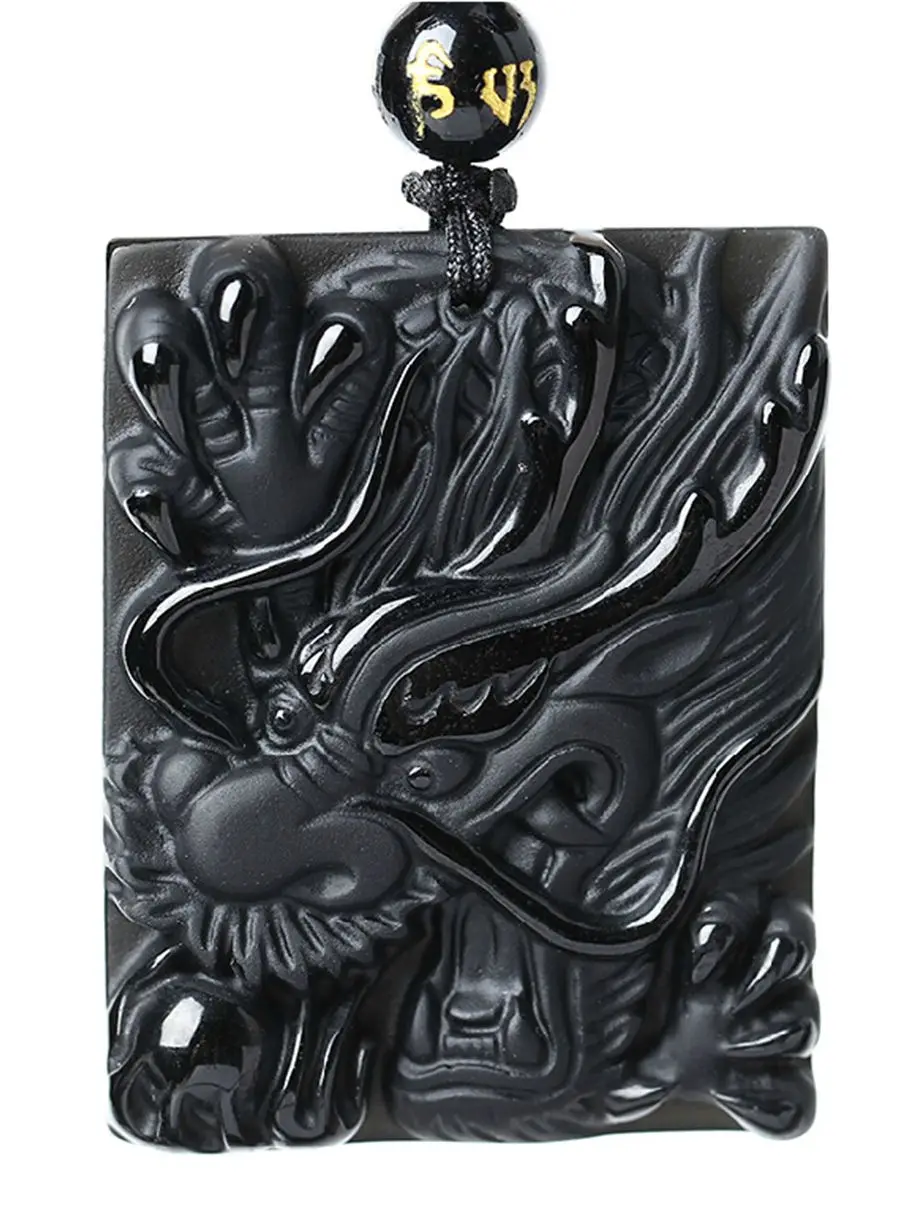 Natural Black Obsidian Carved Chinese Dragon Head Square Lucky Pendant Amulet Beads Necklace Trendy Vintage Gift Jewelry