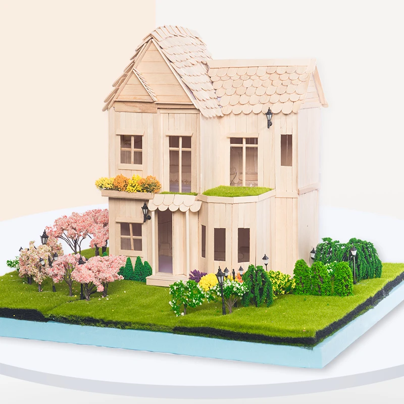 Miniature Construction House Model Building Kit - Ice Cream Popsicle Stick & Wood Chips Architecture Mockup for Handcraft