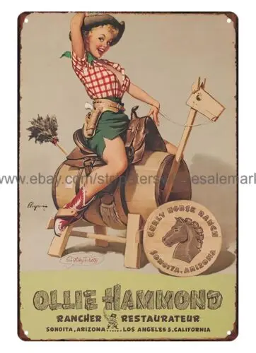 1964 pin up cowgirl Ollie Hammond metal tin sign wall brewery pub plaques