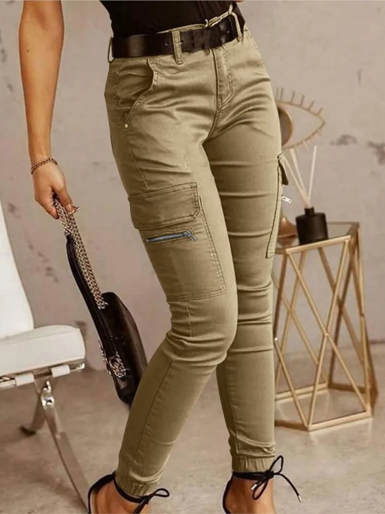Moda mulher calças de trabalho primavera outono casual multi-bolso apertado pé calças de cintura baixa botão cor sólida leggings femininas
