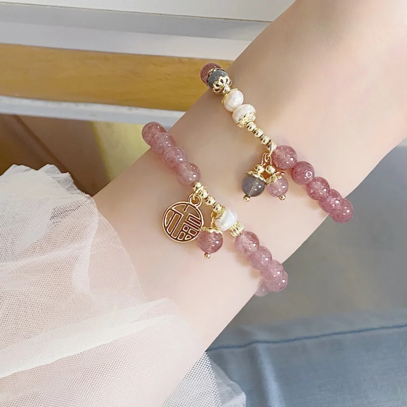 Super Fairy Princess Style Strawberry Quartz Fu Character round Sweet Girly Ins Attracting Male Bracelet Girlfriends Br