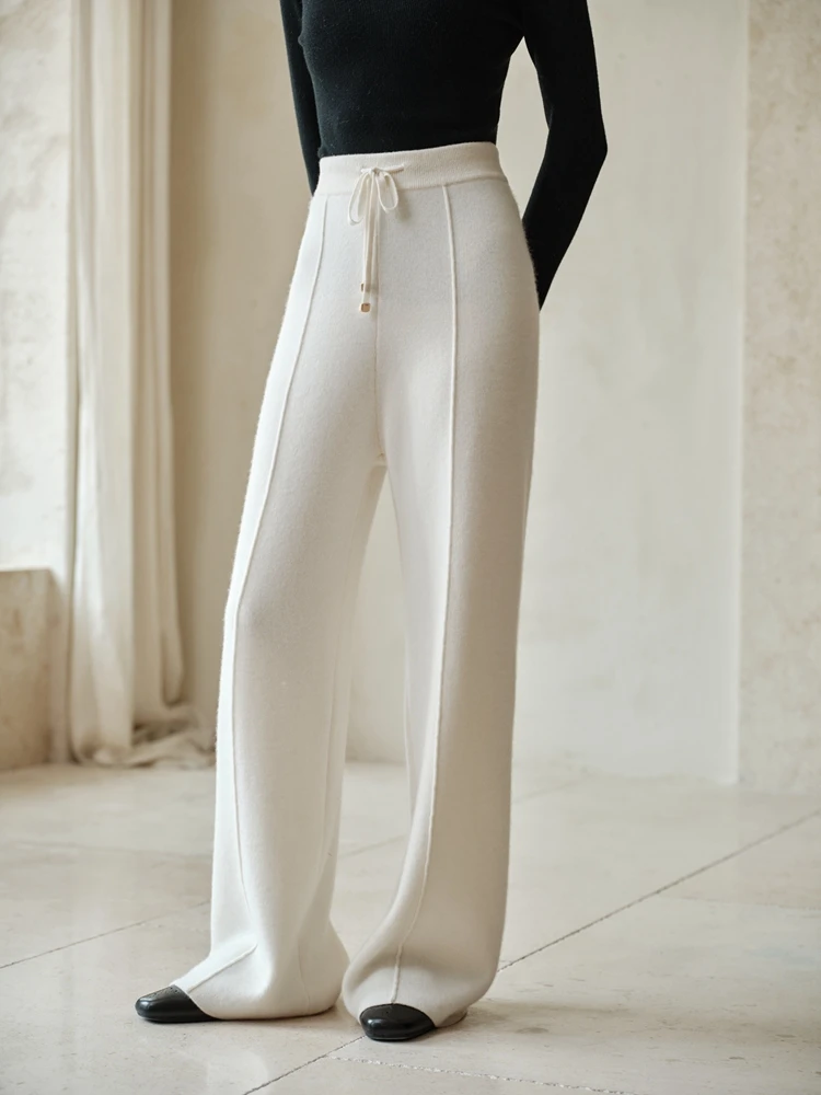 

TLOML Women's 100% Cashmere Thick straight Pants Simple Style Elasticated Waist Trousers Autumn Winter Cashmere Warm Comfy Pants