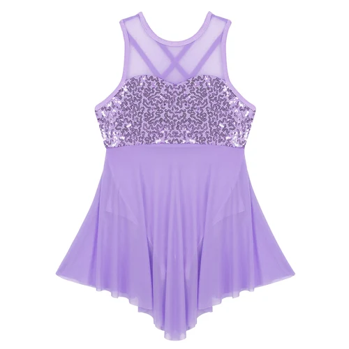 Imagen 2 del producto Vestido de Ballet con lentejuelas brillantes para niñas, traje de baile lírico moderno, sin mangas, espalda cruzada, dobladillo Irregular, falda de malla, leotardo