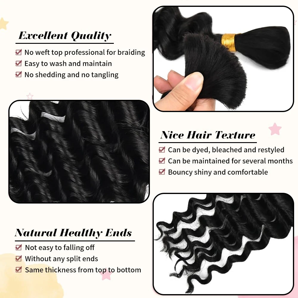 2 Bundles Human Braiding Hair for Boho Braids, 14Inch 100G 10A Brazilian Virgin Deep Wave Bulk Human Hair for Braiding