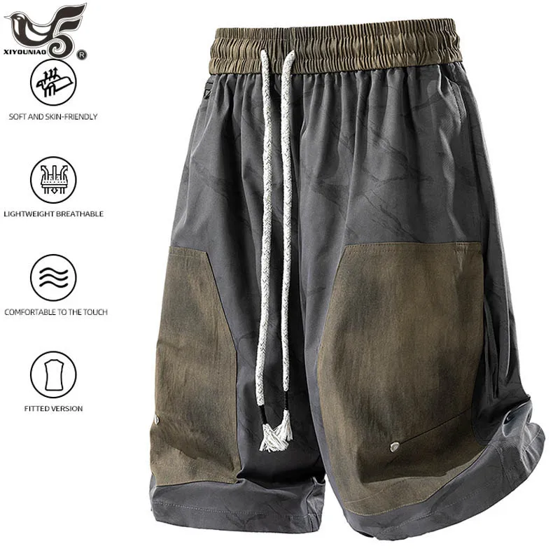 

Американская винтажная летняя уличная одежда, повседневные свободные прямые шорты, мужские лоскутные шорты-карго из ледяного шелка с несколькими карманами, мужская одежда