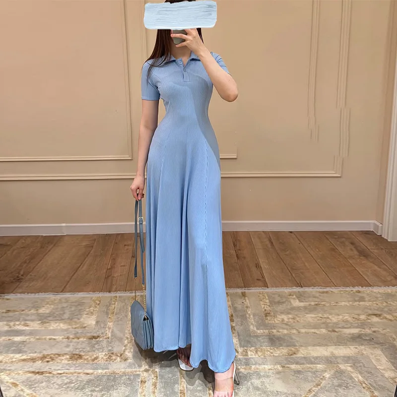 

Collar Solid Color Button Waist Dress for Summer Women, Elegant Slim Fit Button Knit A-Line Solid Color Short Sleeved Dress