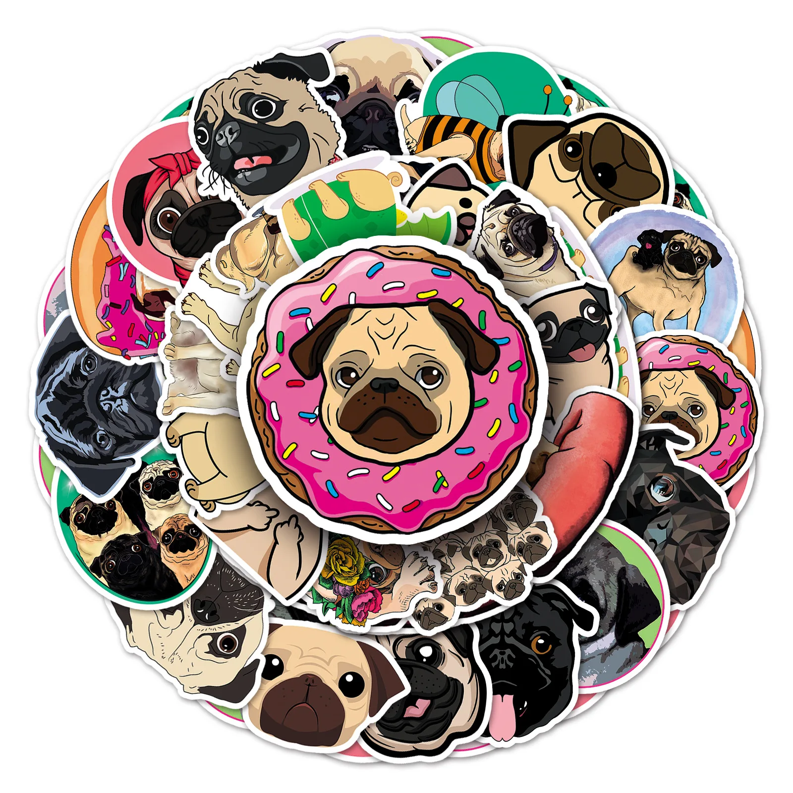 50 Stück Mops-Cartoon-Aufkleber für Laptops, Handys, Skateboards, Gepäck, verschiedene lustige Aufkleber für Geschenke, Partygeschenke.