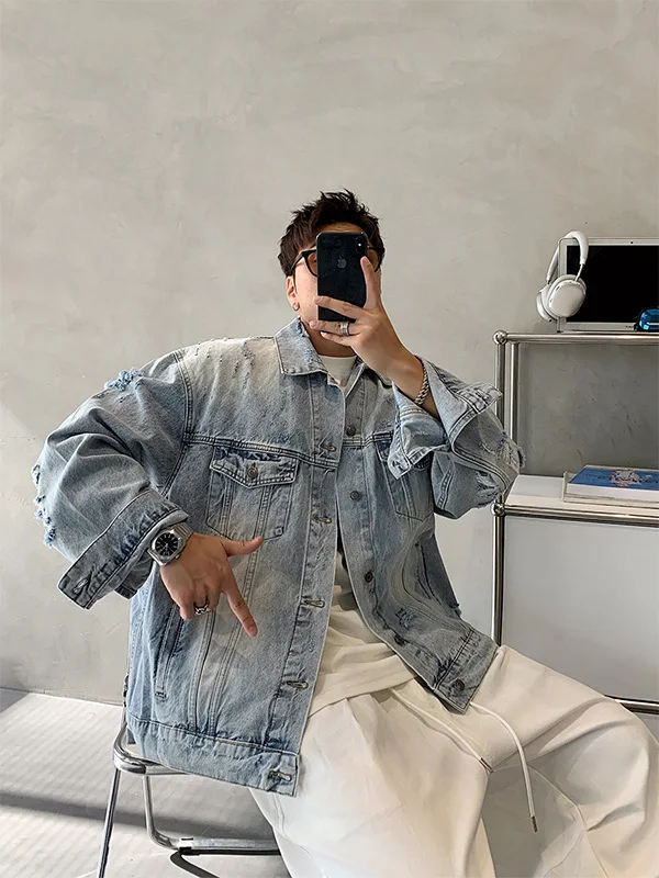 

Worn-In Distred Japanese Sle Men's Denim Jaet Workwear Jaet Turn-down Collar Trendy Early Autumn Faion Outerwear