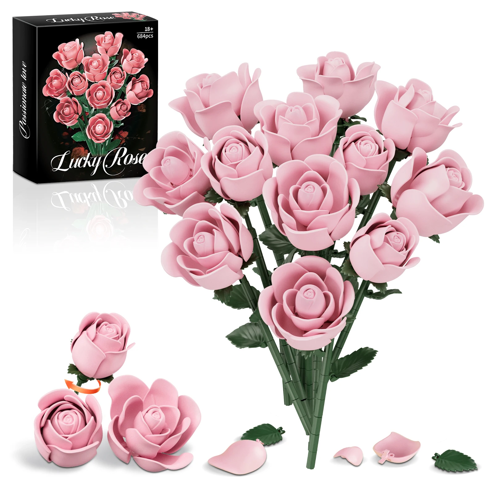 

Romantic Rose Flower Building Blocks Set Pink Roses Flowers Toys for Adults, Plant Desk Decoration Bricks Gifts for Girls 684PCS