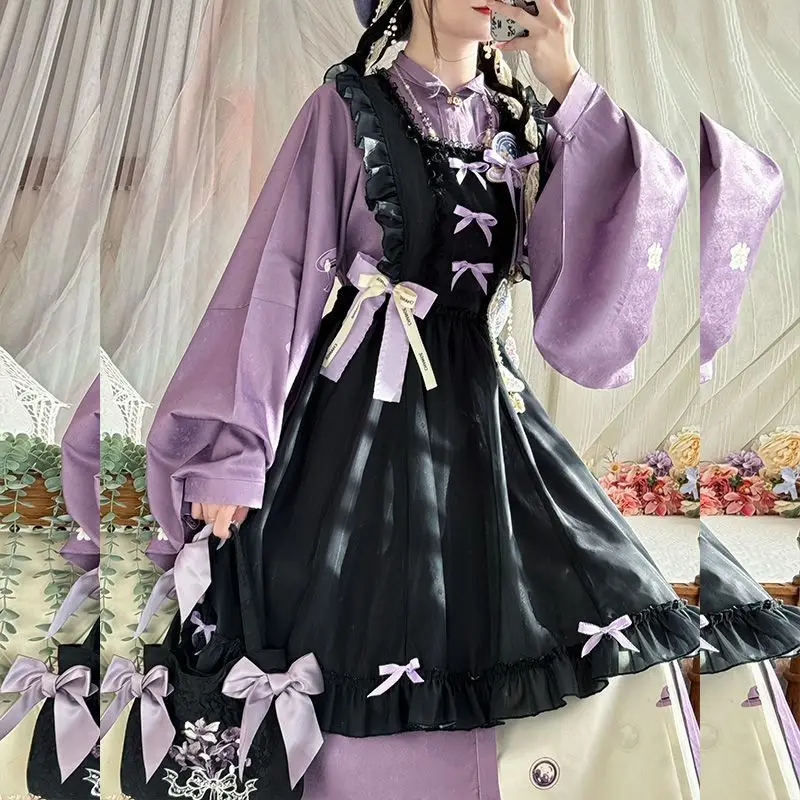 Sweet Chinese Stand Collar Purple Long Shirt Dress Women Autumn Winter Lolita Embroidered Sling Apron Printed Pleated Skirt Sets - view 2
