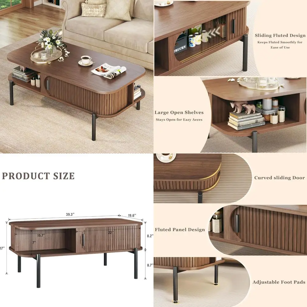 

Mid Century Modern Coffee Table with Storage and Open Shelf for Living Room, Fluted Design Table