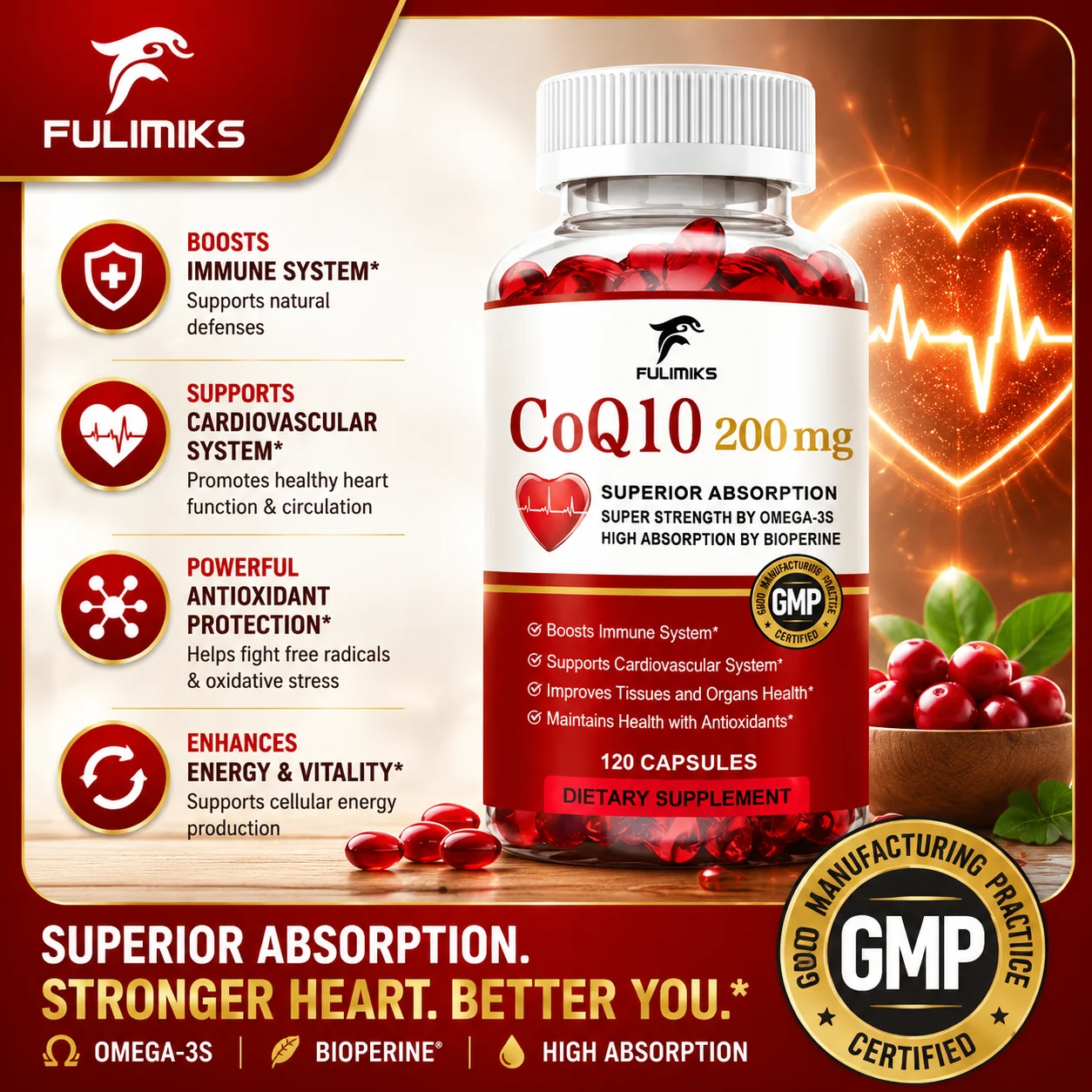 Natural Absorption CoQ10 Supplement, with PQQ, Black Pepper Extract, Pramotes Joint and Heart Health
