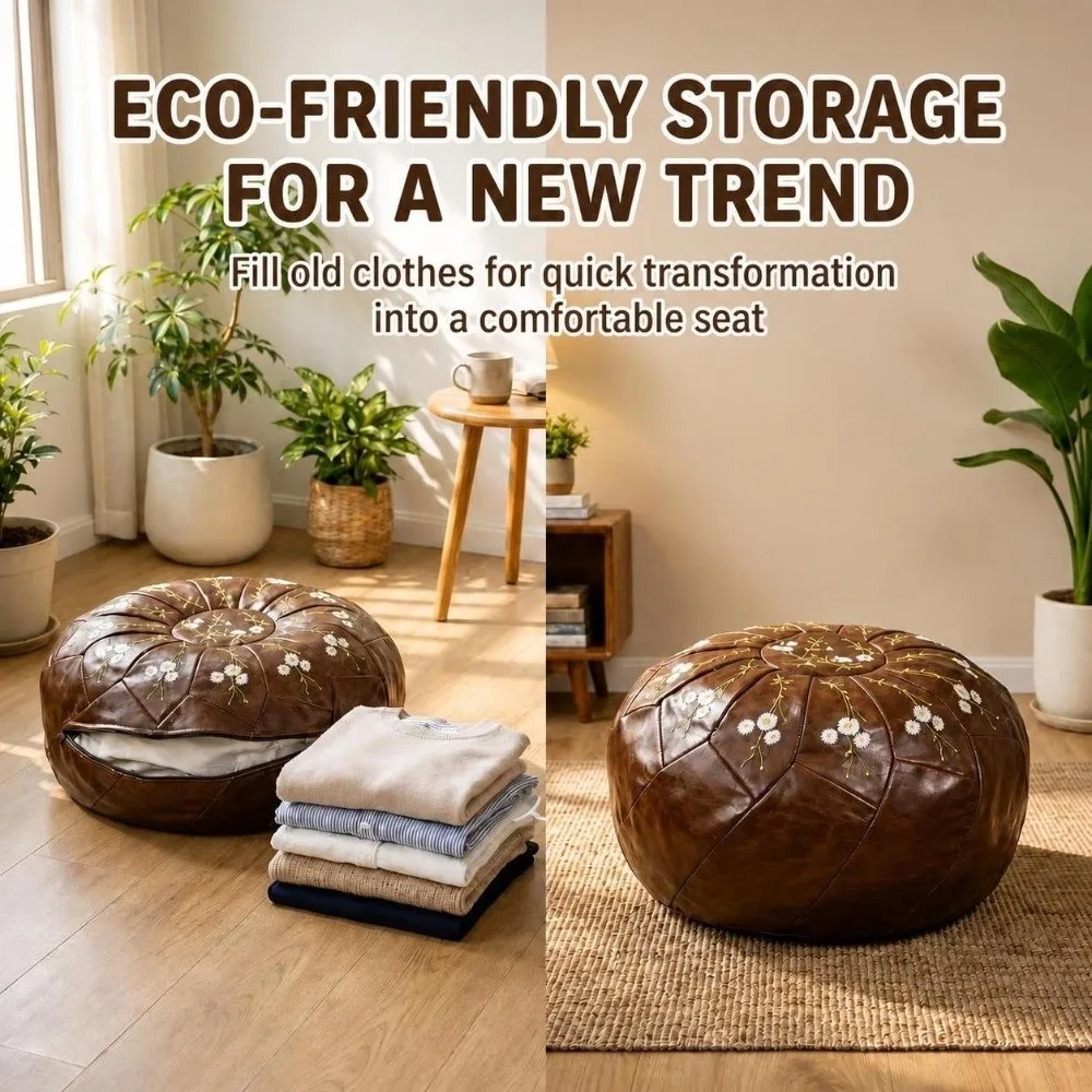 Boho Style Unstuffed Pouf Ottoman PU Leather Fillable Round Pouf Cover Daisy Embroidery Water Resistant Footstool Cover Home Use