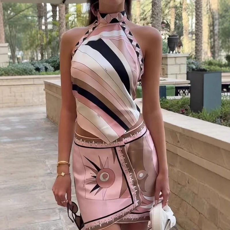 

Fashion Pattern Print Irregular Suit Sexy Backless Slim Satin Summer 2Pc Sets Elegant Sleeveless Halter Tops with Skirt Outfits