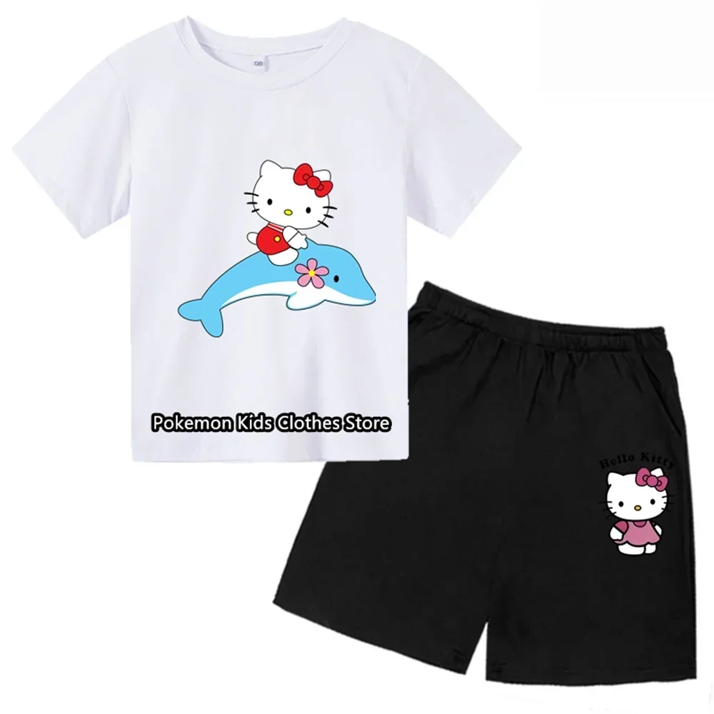 Hello Kitty Tshirt Set Kids Clothes Girls Fashion Top Children Short Sleeve Round Neck Casual Summer Baby T shirt Set Tops