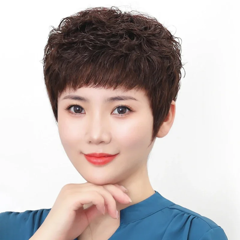 آلية شعر مستعار قصير مجعد شعر بشري واقعي وقابل للتنفس للنساء في منتصف العمر وكبار السن ملابس يومية بلونين