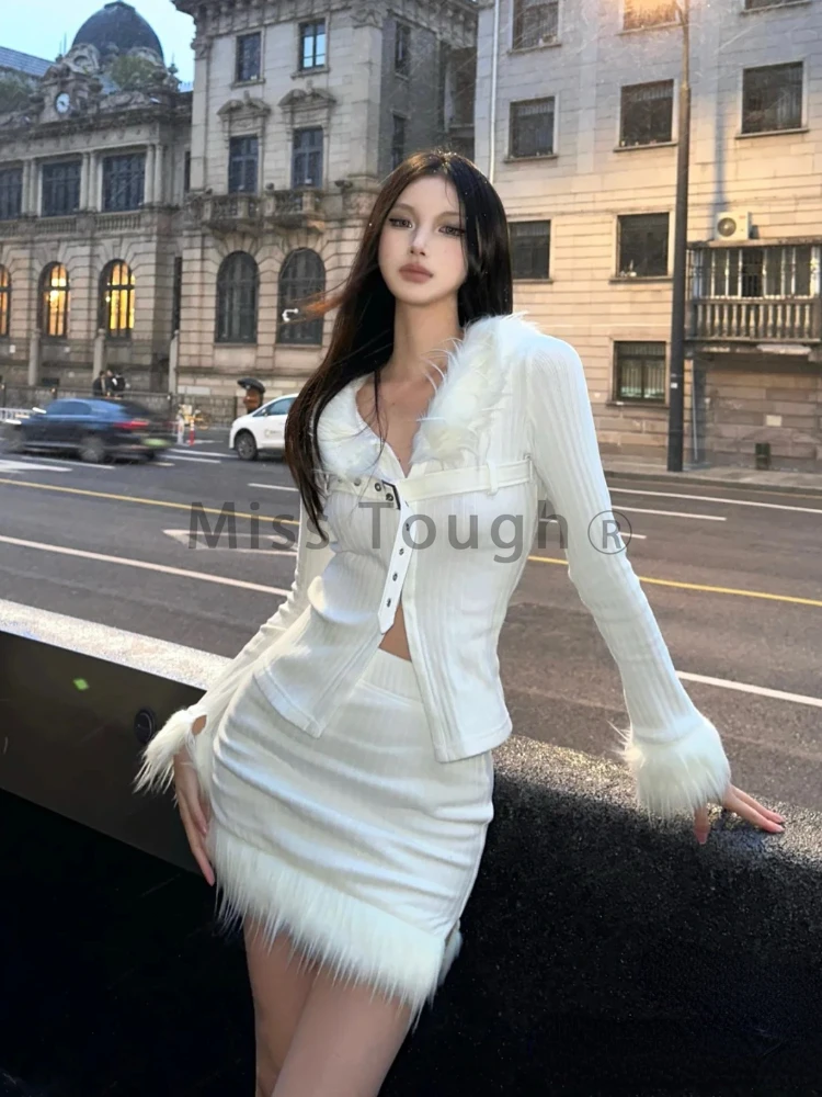 Winter Sexy Elegant New 2 Piece Set Women Tassel Y2k France Vintage Sweet Mini Skirt Suit Female Korean Fashion Casual Sets 2023