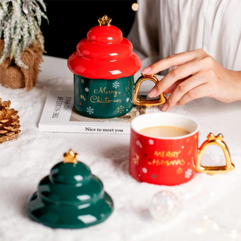 Ticktockery Christmas Tree Modeling Mugs Coffee Cups Ceramic Cup with Cover Gold Christmas Wind Chimes Handle Drinking Cup