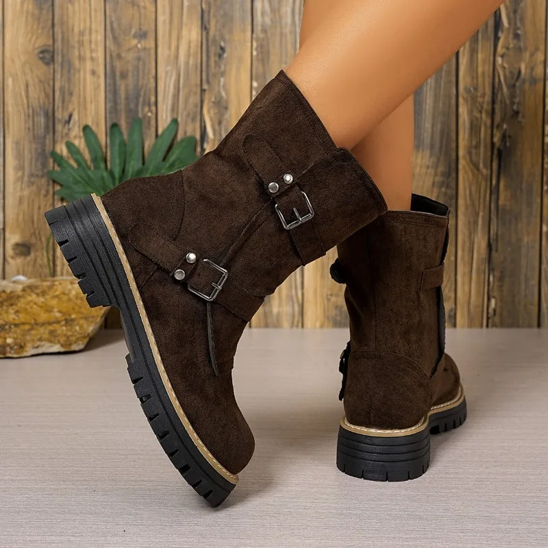 Women's 2025 New Autumn Retro Versatile Skinny Maillard with Platform Booties