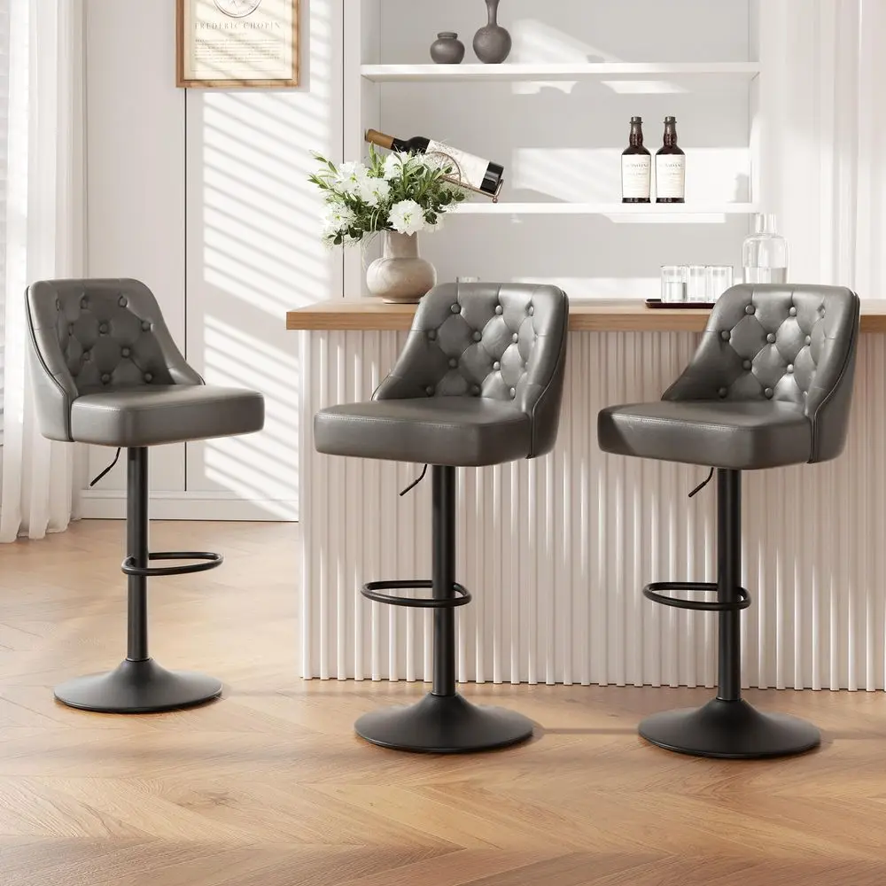 

Stools Set of 3, Adjustable Counter Height Bar Stool with Back, Faux Leather Upholstered Bar Chairs, Modern Swivel Barstools fo