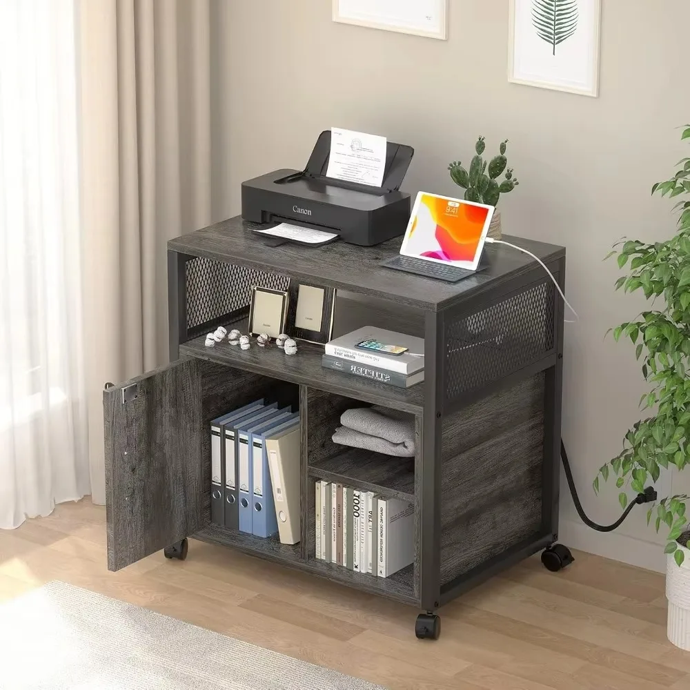 File Cabinet Lateral Office with Socket and USB Charging Port,Modern Printer Stand with Door and Open Storage,Lockable,Black Oak