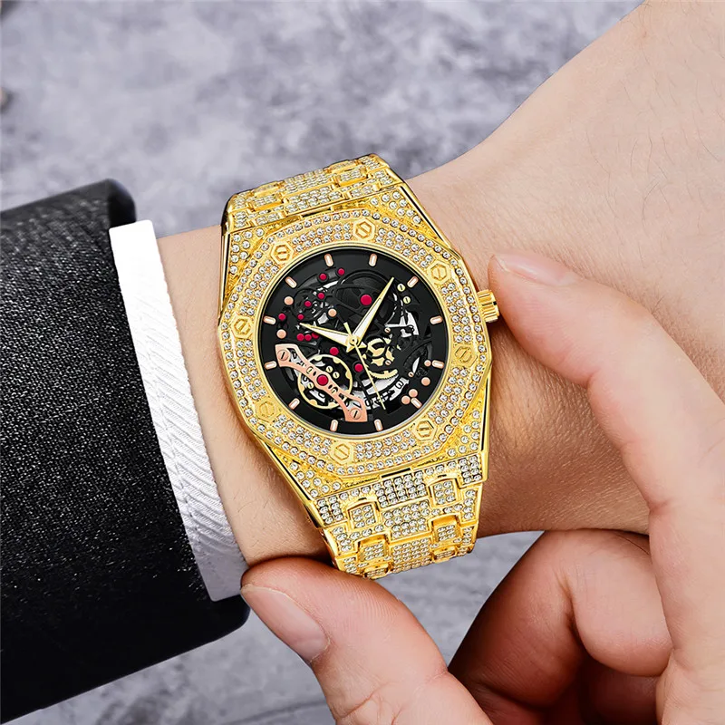 Relojes de marca grande para hombre, Hip Hop, esqueleto dorado, moda informal, banda de aleación, reloj de cuarzo con fecha de diamante, relojes de marca de lujo