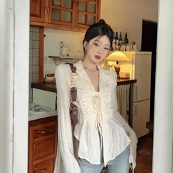 Apricot Chiffon Sun Protection Shirt Women Long Sleeve Shirt V-neck Irregular Top