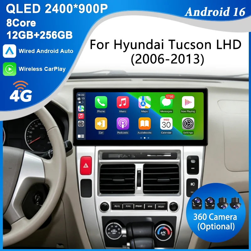 HD für Hyundai Tucson LHD 2006-2013 12,3" Android 16 Multimedia-Einheit QLED-Bildschirm GPS BT 4G WLAN DSP Unterstützung für CarPlay Android Auto