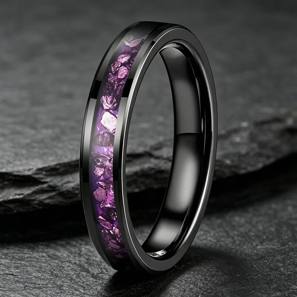 4mm Wolframringe mit Lila Edelstein-Einlage, Modeschmuck, Verlobungs- und Eheringe für Männer und Frauen, Poliert Glänzend, Komfortabler Sitz – Detail 17